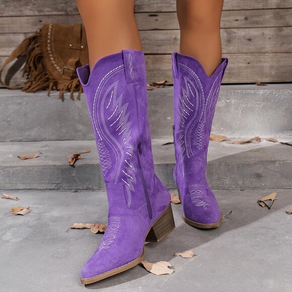 ⚡Women's Purple Solid Color Suede Embroidered Side Zipper High Heeled Boots - Picture 3 of 7